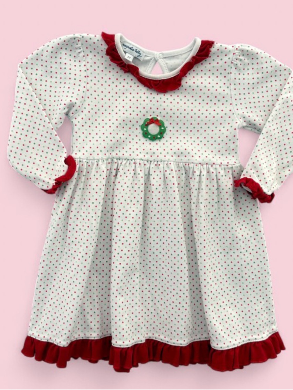 Magnolia Baby Pima Cotton Holiday Wreath Ruffle Christmas Dress Size 2T